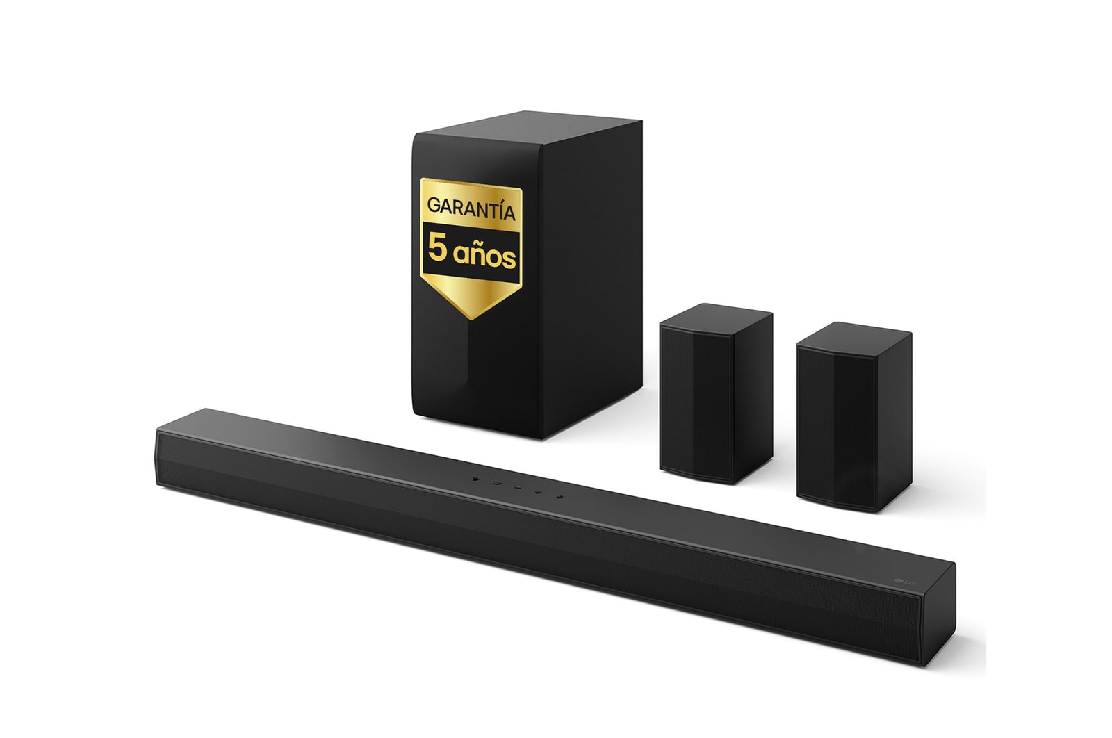 Vista frontal de la LG Soundbar S60TR, un subwoofer y unos altavoces traseros