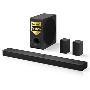 Vista frontal de la barra de sonido LG S80TR, el subwoofer y los altavoces traseros