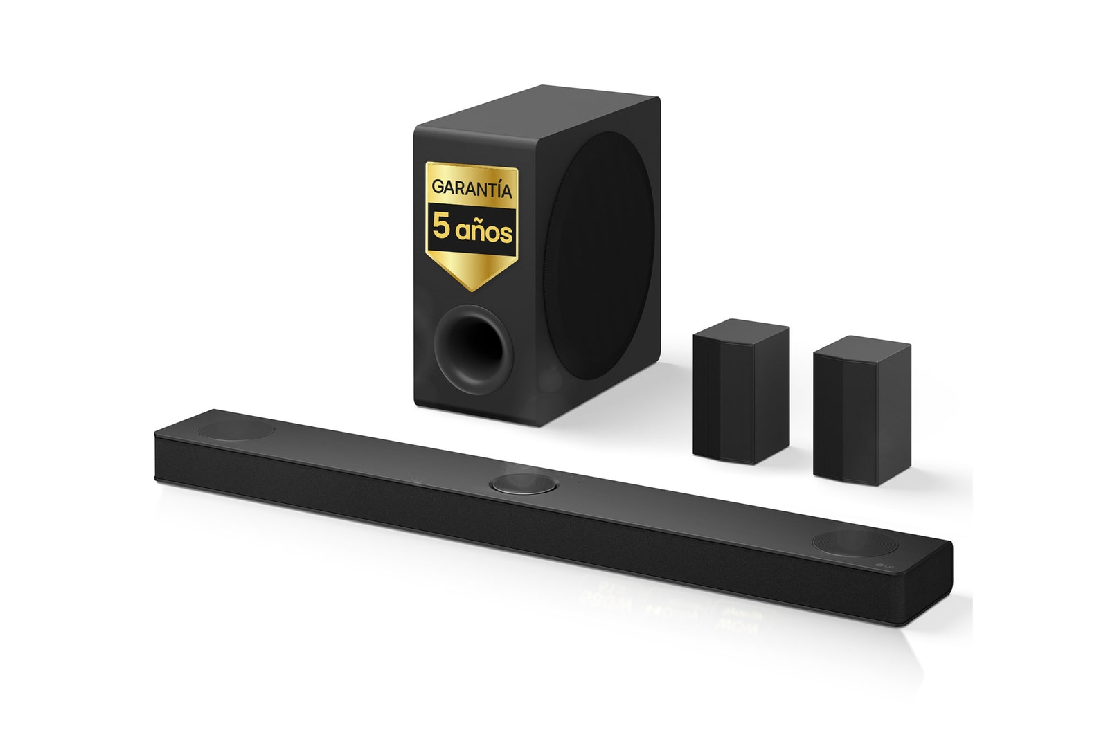 Vista frontal de la barra de sonido LG S80TR, el subwoofer y los altavoces traseros