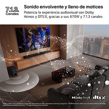 LG Barra de Sonido - LG S90TR, Bluetooth, 670W, 7.1.3 Canales con subwoofer, altavoces traseros para cine en casa, Dolby Atmos, DTS:X, IA Ready, Negro, S90TR