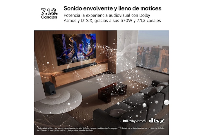 LG Barra de Sonido - LG S90TR, Bluetooth, 670W, 7.1.3 Canales con subwoofer, altavoces traseros para cine en casa, Dolby Atmos, DTS:X, IA Ready, Negro, S90TR