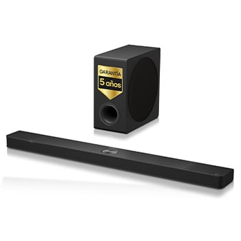 Vista en ángulo de la barra de sonido LG S90TY y el subwoofer