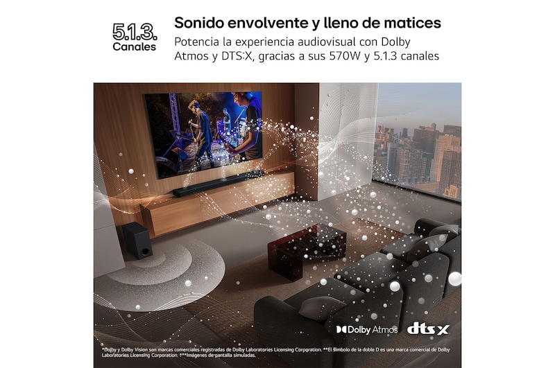 LG Barra de sonido para TV - LG S90TY, Bluetooth, 570W, 5.1.3 Canales con Subwoofer, Dolby Atmos, DTS:X, IA Ready, Negro, S90TY