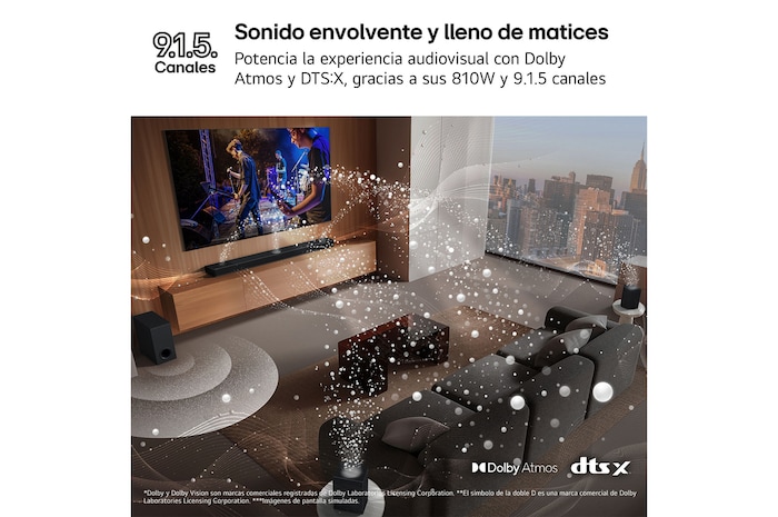 LG Barra de Sonido - LG S95TR, Bluetooth, 810W, 9.1.5 Canales con subwoofer, altavoces traseros para cine en casa, Dolby Atmos, DTS:X, IA Ready, Negro, S95TRSP.DESB