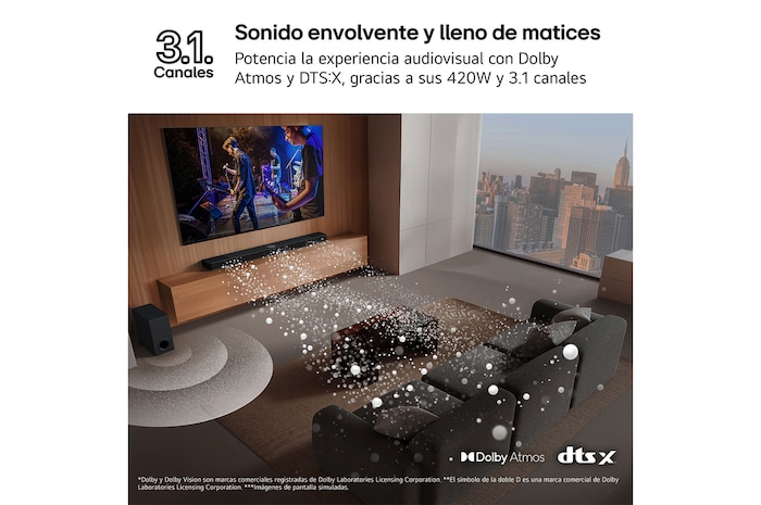 LG Barra de sonido para TV - LG SG10TY, Bluetooth, 420W, 3.1 Canales con Subwoofer, Dolby Atmos, DTS-X, IA Ready, Negro, SG10TY