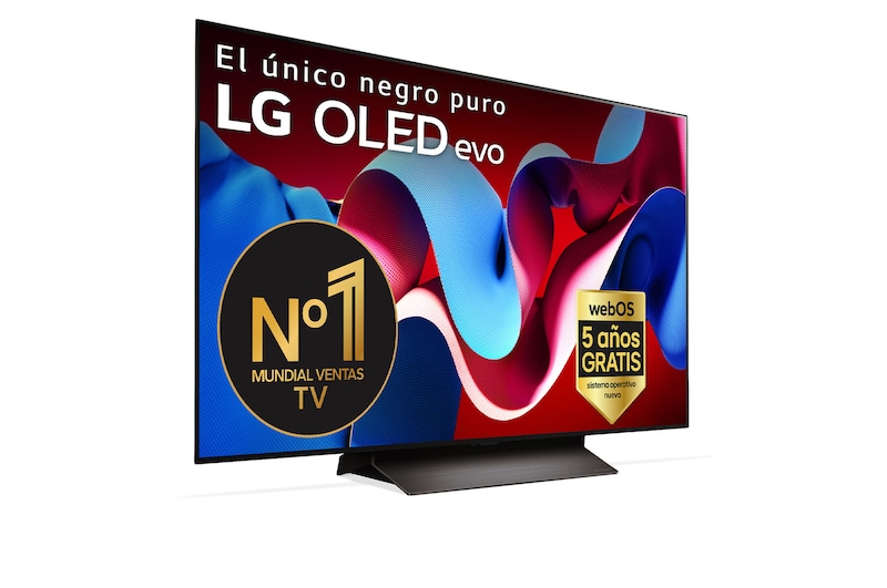 Vista frontal con la televisión LG OLED evo AI, la OLED C4, el emblema de la OLED número 1 del mundo durante 11 años y el logotipo del programa webOS Re:New en la pantalla
