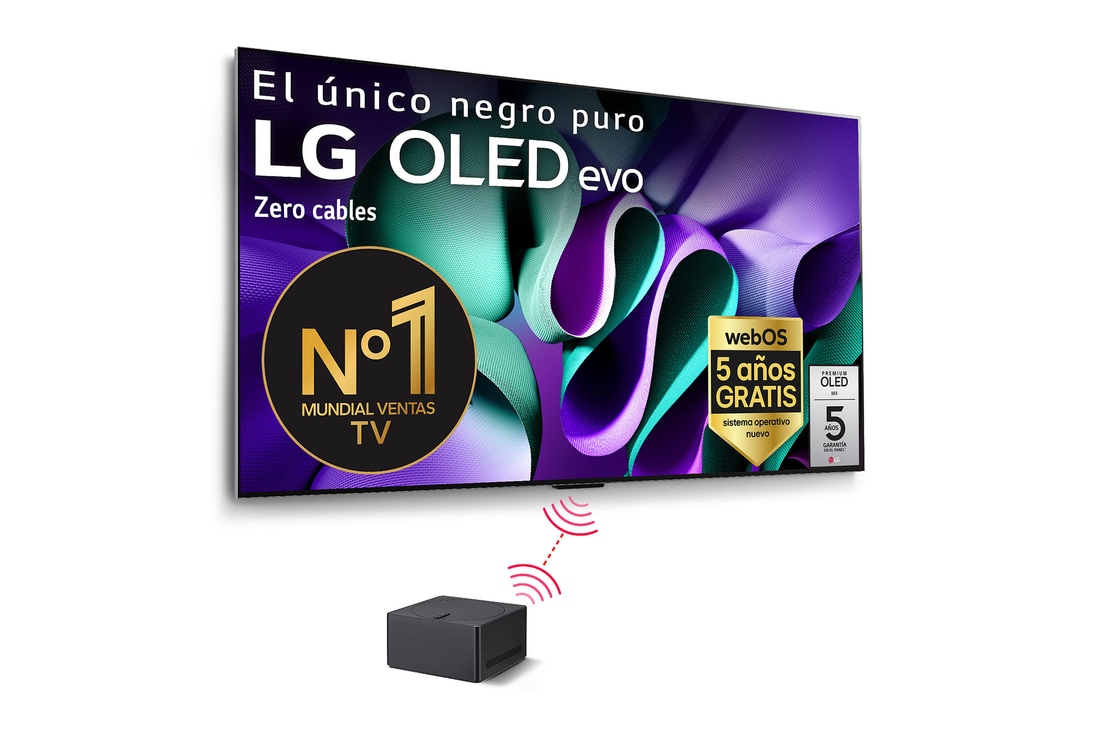 Front view with LG OLED evo AI TV, OLED M4, 11 Years of world number 1 OLED Emblem, webOS Re:New Program logo, and a Zero Connect Box with 4K 144Hz wireless video & audio transfer connected to a TV, and a Wi-Fi signal coming out of the box