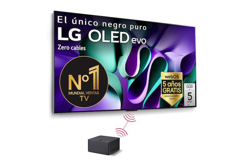 Front view with LG OLED evo AI TV, OLED M4, 11 Years of world number 1 OLED Emblem, webOS Re:New Program logo, and a Zero Connect Box with 4K 144Hz wireless video & audio transfer connected to a TV, and a Wi-Fi signal coming out of the box