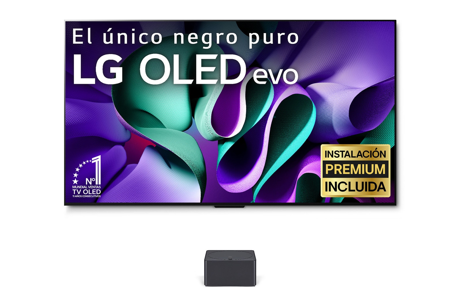 Left-facing side view of LG OLED evo TV, OLED M4 on the wall, and a Zero Connect Box placed below the TV