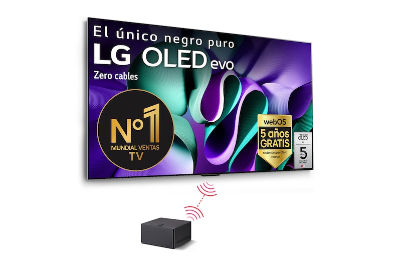 Front view with LG OLED evo AI TV, OLED M4, 11 Years of world number 1 OLED Emblem, webOS Re:New Program logo, and a Zero Connect Box with 4K 144Hz wireless video & audio transfer connected to a TV, and a Wi-Fi signal coming out of the box