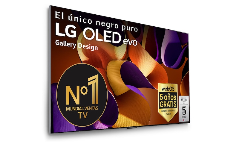 Vista frontal de un LG OLED evo AI TV, OLED G4, con el emblema “11 Years of world number 1 OLED”, el logotipo del programa webOS Re:New Program y el logotipo de la Garantía de 5 años en pantalla