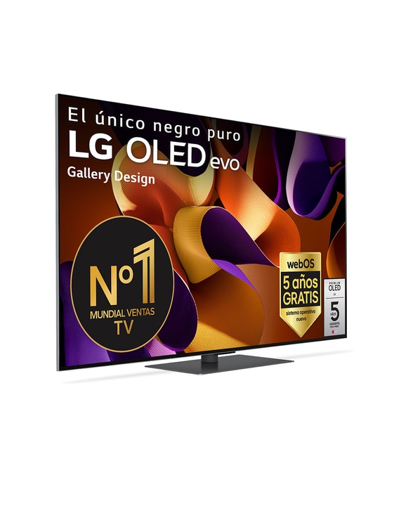 Vista frontal de un LG OLED evo AI TV, OLED G4, con el emblema “11 Years of world number 1 OLED”, el logotipo del programa webOS Re:New Program y el logotipo de la Garantía de 5 años en pantalla