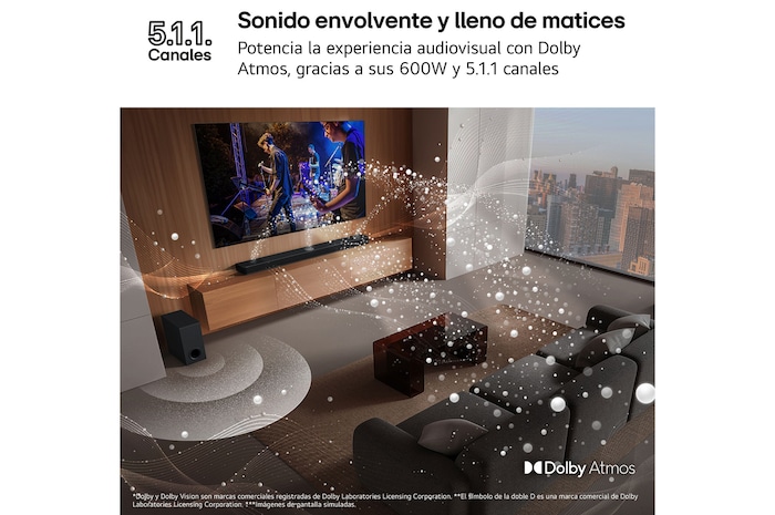 LG Barra de Sonido - LG S70TR, Bluetooth, 500W, 5.1.1 Canales con Subwoofer, altavoces traseros para cine en casa, Dolby Atmos, DTS, Negro, S70TR.DESB