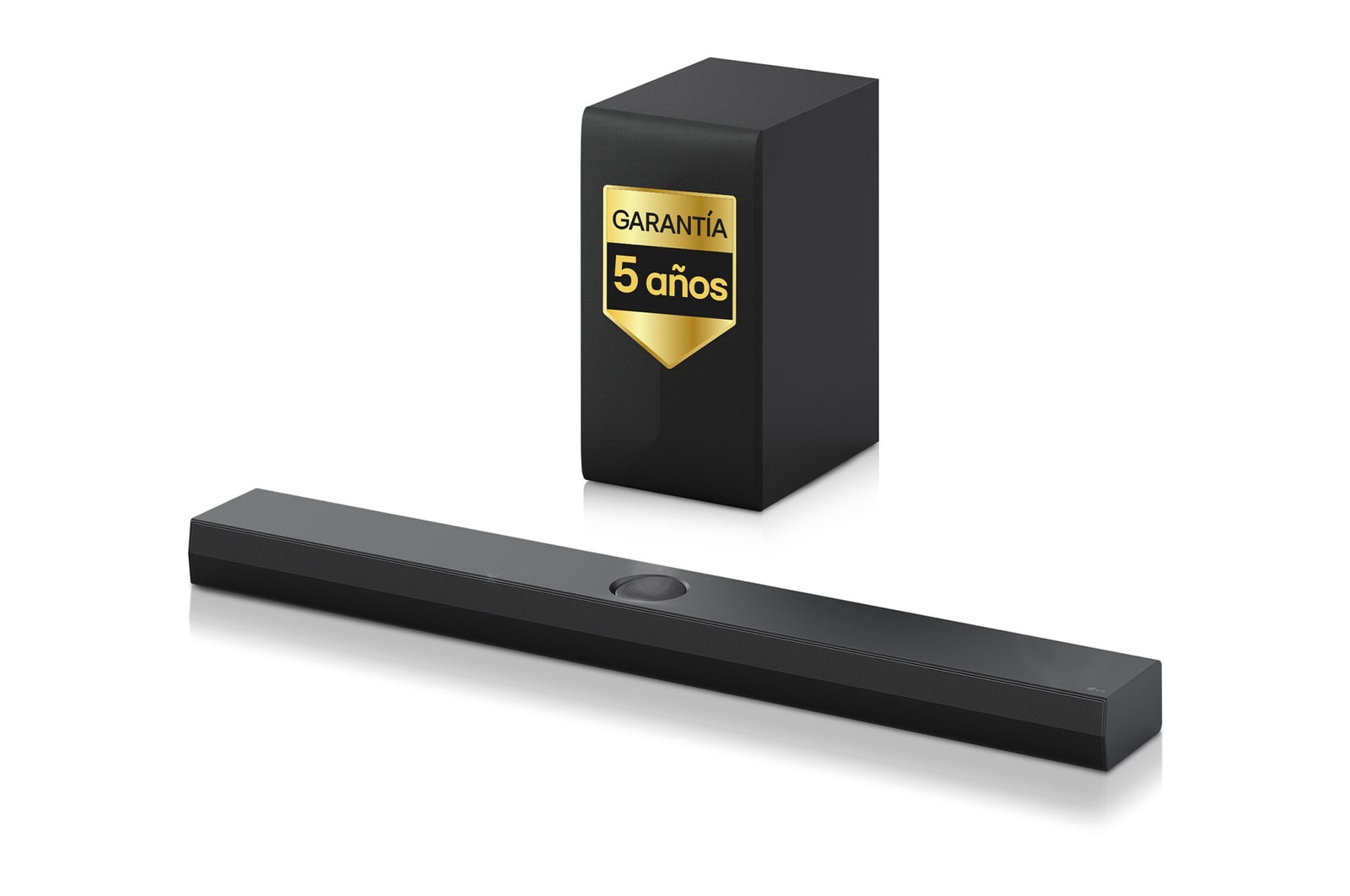Vista frontal de la LG Soundbar S70TY y un subwoofer