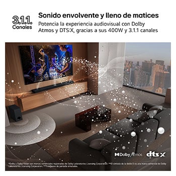 LG Barra de sonido para TV - LG S70TY, Bluetooth, 400W, 3.1.1 Canales con subwoofer, Dolby Atmos, DTS:X, Negro, S70TY