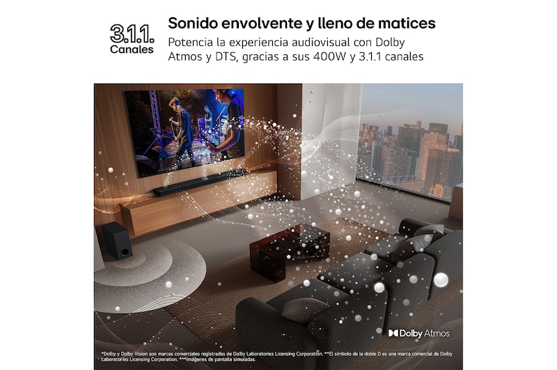 LG Barra de sonido para TV - LG S70TY, Bluetooth, 400W, 3.1.1 Canales con subwoofer, Dolby Atmos, DTS Digital Surround, Negro, S70TY