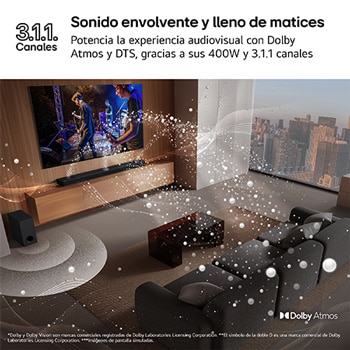 LG Barra de sonido para TV - LG S70TY, Bluetooth, 400W, 3.1.1 Canales con subwoofer, Dolby Atmos, DTS Digital Surround, Negro, S70TY