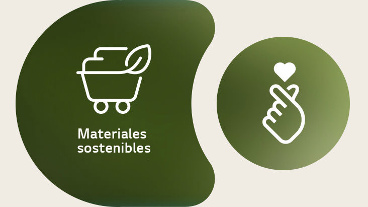 A la izquierda se muestra el icono de materiales sostenibles de LG con su nombre escrito debajo. A la derecha se muestra el icono ESG con forma de corazón y dedo.