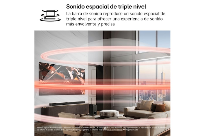 Vista frontal de la barra de sonido LG S80TY y subwoofer