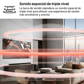 Vista frontal de la barra de sonido LG S80TY y subwoofer