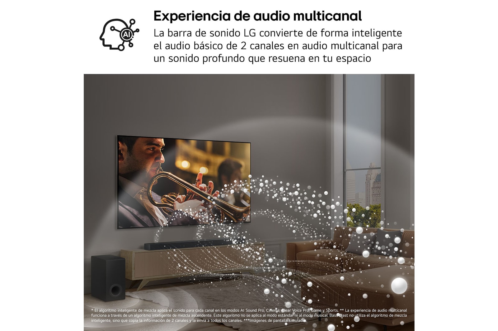 Vista en ángulo de la barra de sonido LG S80TY y subwoofer con medición