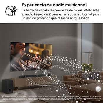 Vista en ángulo de la barra de sonido LG S80TY y subwoofer con medición