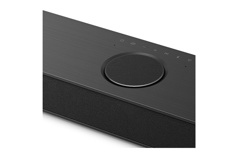 Vista superior en ángulo de la esquina lateral de la barra de sonido LG S80TY