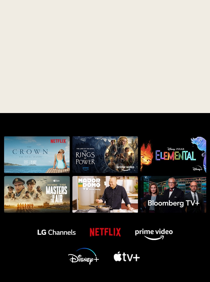 Se muestran seis miniaturas de películas y programas de televisión y los logotipos de LG Channels, Netflix, Prime Video, Disney+ y Apple TV+ están abajo.
