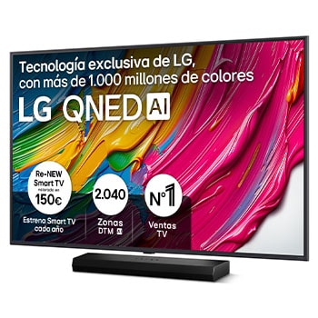 Front view of LG QNED80 TV, LG QNED Al Logo on the top corner. LG QNED TV depicts colorful paintike textures coming together.