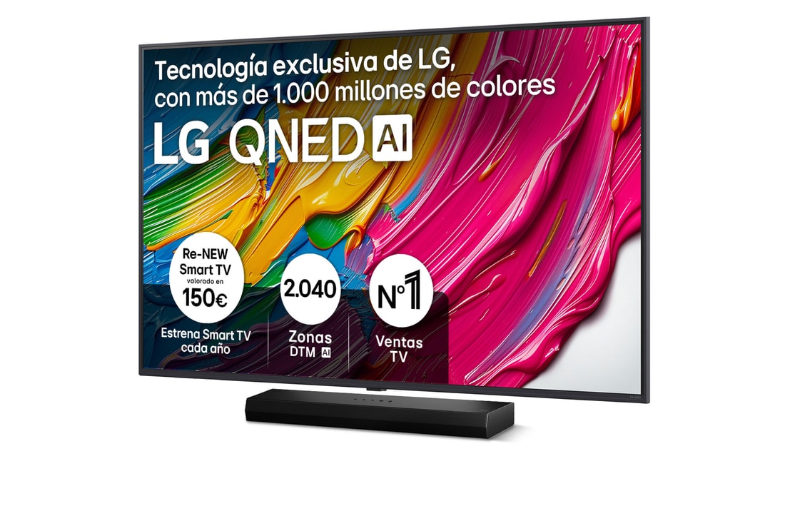 Front view of LG QNED80 TV, LG QNED Al Logo on the top corner. LG QNED TV depicts colorful paintike textures coming together.