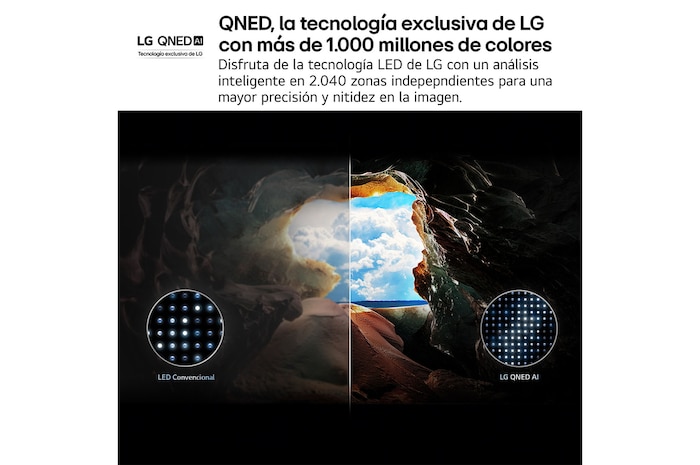 Perspective from the inside of a cave looking out to its entrance where a blue sky and horizon can be seen. The whole scene is split in half to show the capability of QNED's Advanced Local Dimming. On one side, the colors and detail are washed out and the visuals seem muddy. The label says, Conventional LED. The other side has great blacks, better contrast, brightness and color. The label says Advanced Local Dimming. The title talks about how Advanced Local Dimming provides a sharper picture.
