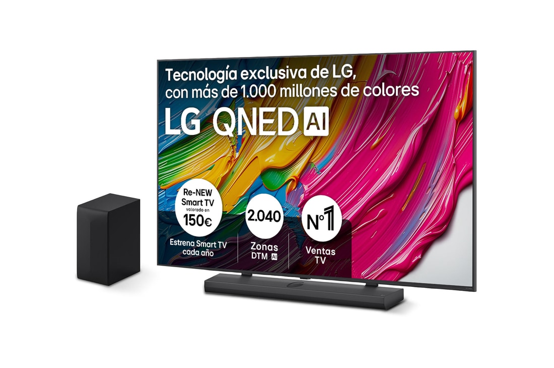 Front view of LG QNED80 TV, LG QNED Al Logo on the top corner. LG QNED TV depicts colorful paintike textures coming together.