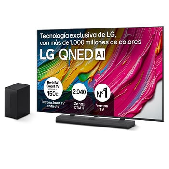 Front view of LG QNED80 TV, LG QNED Al Logo on the top corner. LG QNED TV depicts colorful paintike textures coming together.