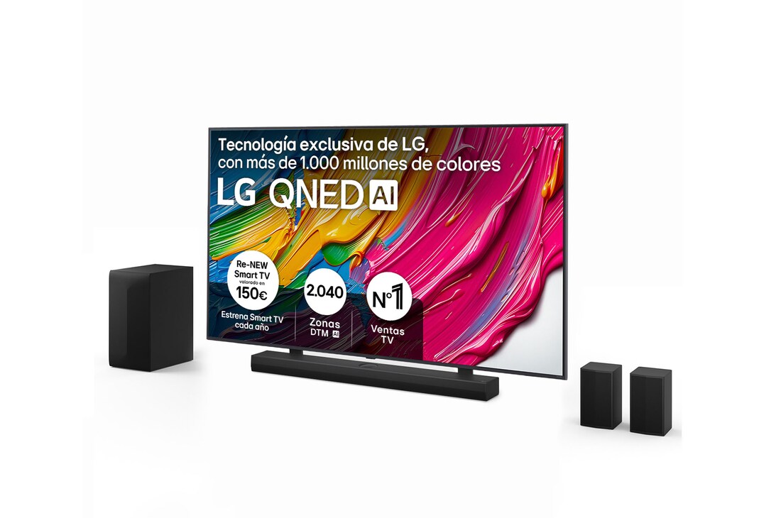 Front view of LG QNED80 TV, LG QNED Al Logo on the top corner. LG QNED TV depicts colorful paintike textures coming together.