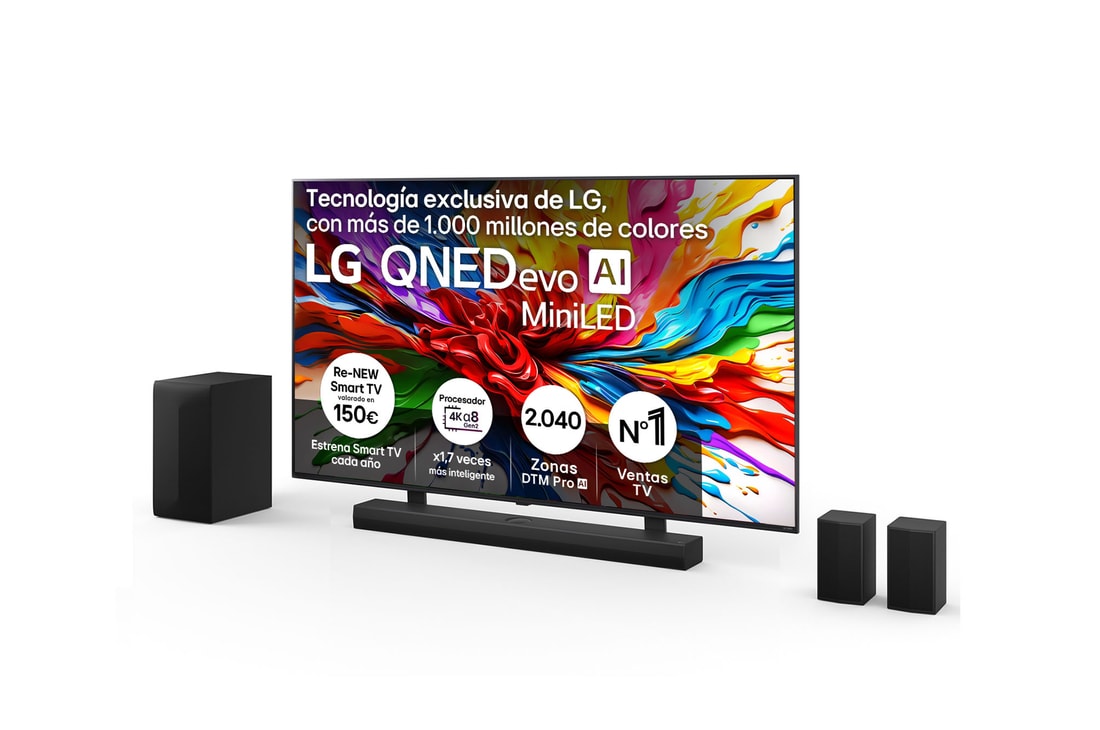 Vista frontal del Pack Smart TV LG QNED evo AI QNED93 85 pulgadas MiniLED 4K 2025 + Barra de Sonido S70TR + Soporte 85QNED93A6A
