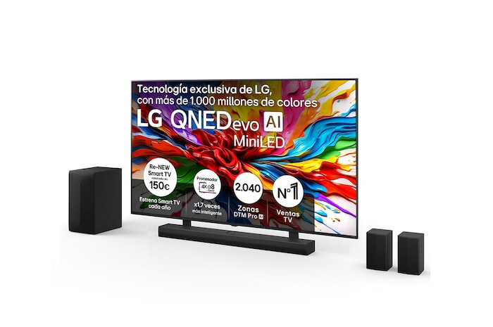 Vista frontal del Pack Smart TV LG QNED evo AI QNED93 85 pulgadas MiniLED 4K 2025 + Barra de Sonido S70TR + Soporte 85QNED93A6A
