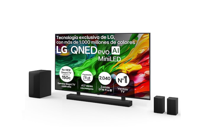 Vista frontal del Pack Smart TV LG QNED evo AI QNED85 86 pulgadas MiniLED 4K 2025 + Barra de Sonido S70TR + Soporte 86QNED85A6C