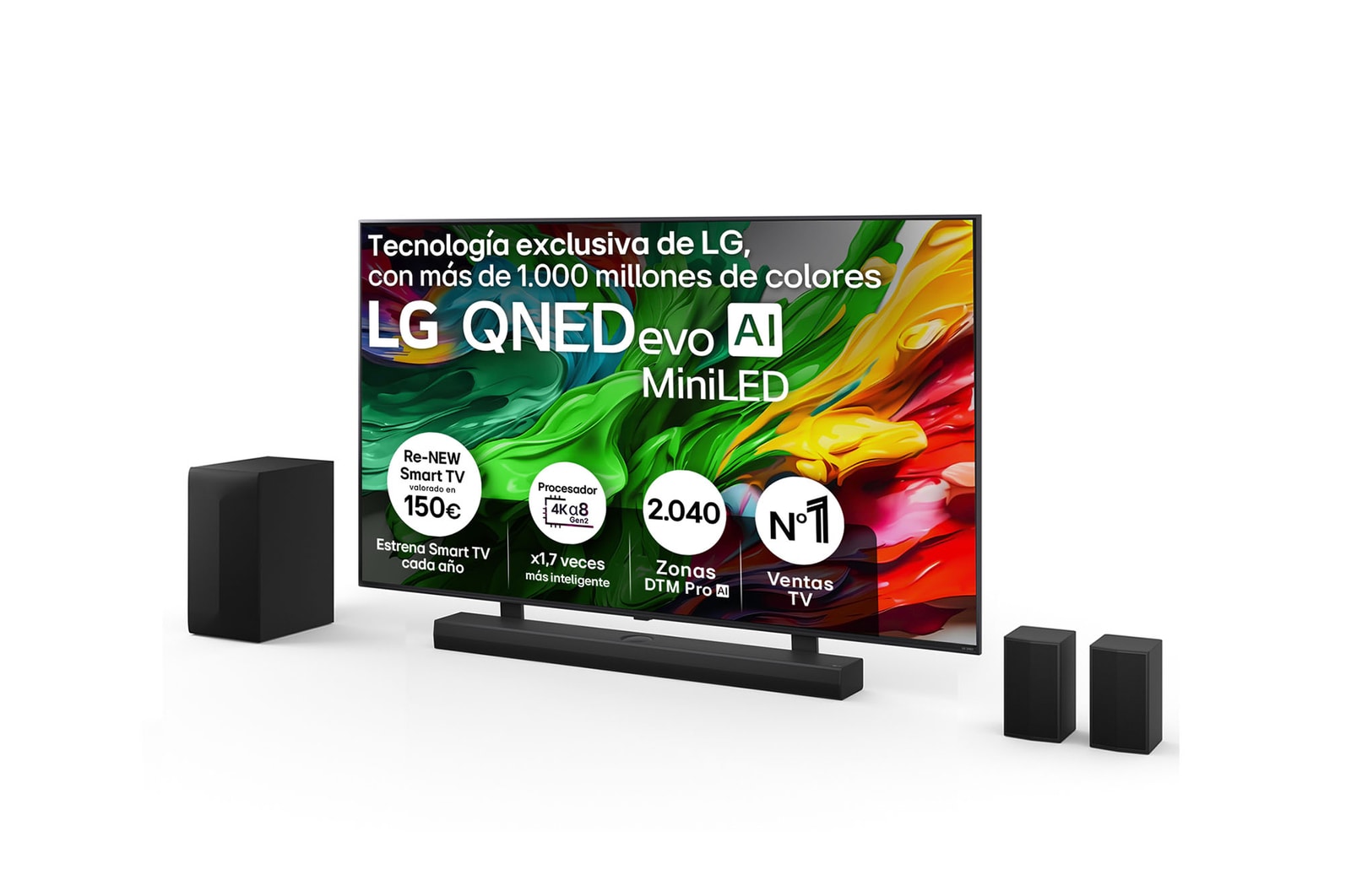 Vista frontal del Pack Smart TV LG QNED evo AI QNED85 86 pulgadas MiniLED 4K 2025 + Barra de Sonido S70TR + Soporte 86QNED85A6C