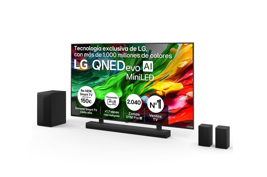 Vista frontal del Pack Smart TV LG QNED evo AI QNED86 86 pulgadas MiniLED 4K 2025 + Barra de Sonido S70TR + Soporte 86QNED86A6A