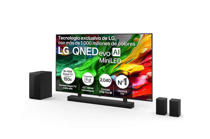 Vista frontal del Pack Smart TV LG QNED evo AI QNED86 86 pulgadas MiniLED 4K 2025 + Barra de Sonido S70TR + Soporte 86QNED86A6A