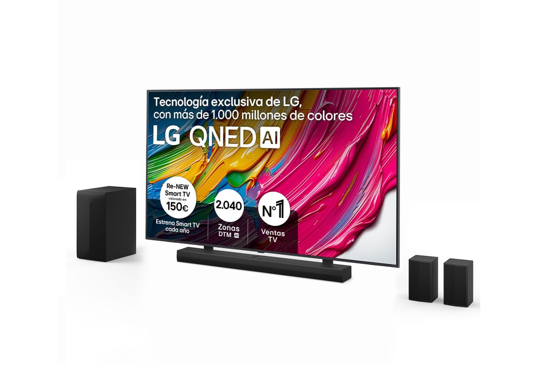 Front view of LG QNED80 TV, LG QNED Al Logo on the top corner. LG QNED TV depicts colorful paintike textures coming together.