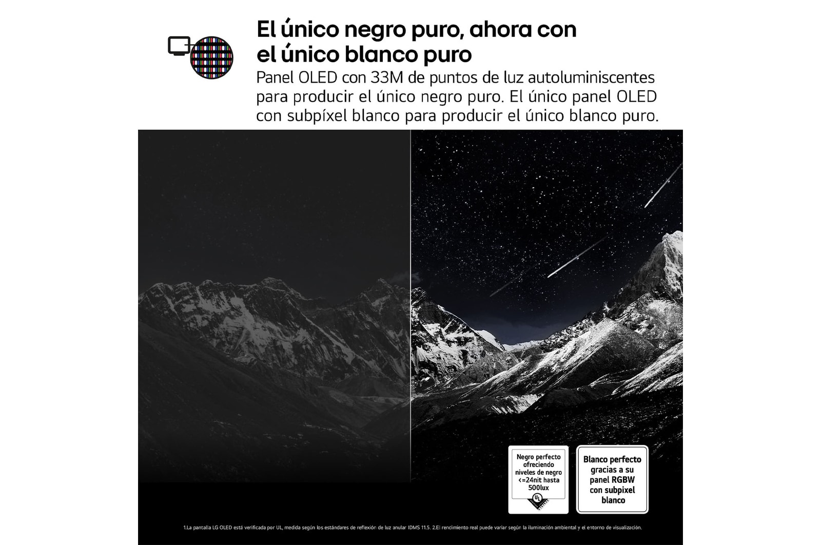 En la pantalla de un televisión se muestran fuegos artificiales deslumbrantes y vibrantes. Esto demuestra el 100 % de fidelidad de color que presenta colores precisos incluso con la luz del sol.  El logo de la certificación también es visible: la tecnología Perfect Color ofrece niveles de consistencia de color superiores al 99% de hasta 500 lux. A su lado también está la certificaciones independiente de Intertek.