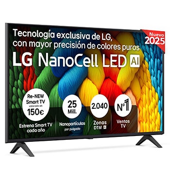 Front view of NanoCell TV, LG NanoCell Al Logo on the top corner. LG NanoCell TV depicts colorful paintike textures coming together.