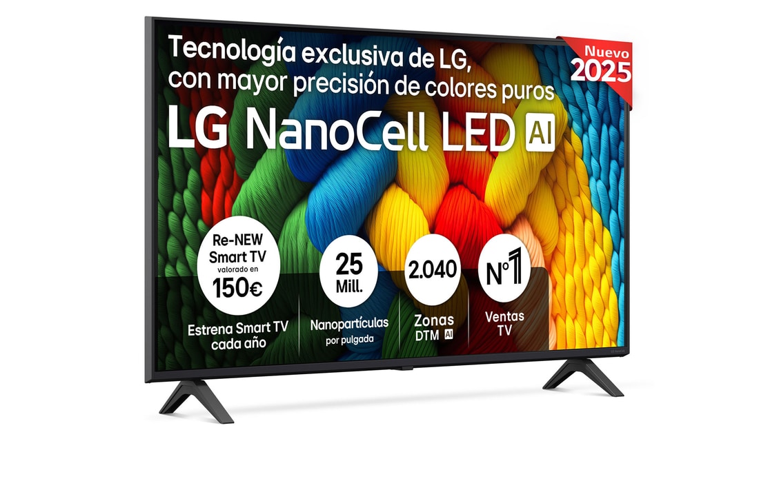 Front view of NanoCell TV, LG NanoCell Al Logo on the top corner. LG NanoCell TV depicts colorful paintike textures coming together.