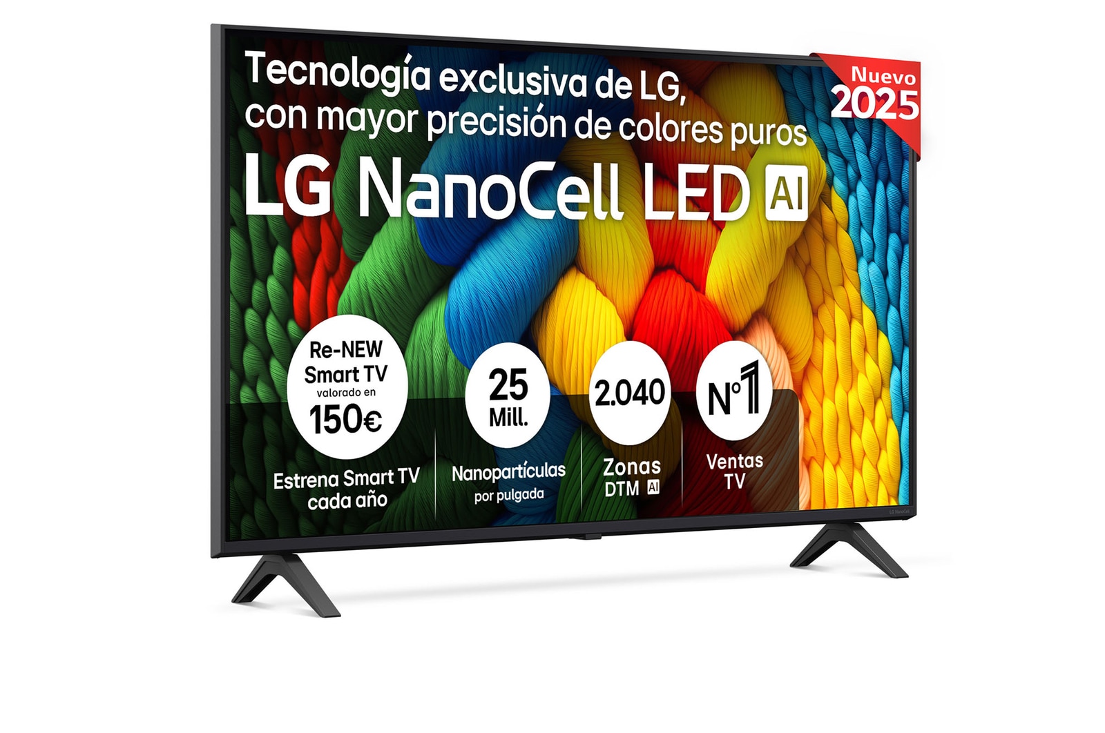Front view of NanoCell TV, LG NanoCell Al Logo on the top corner. LG NanoCell TV depicts colorful paintike textures coming together.