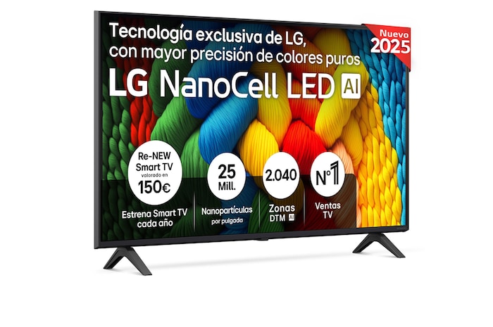 Front view of NanoCell TV, LG NanoCell Al Logo on the top corner. LG NanoCell TV depicts colorful paintike textures coming together.
