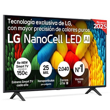 Front view of NanoCell TV, LG NanoCell Al Logo on the top corner. LG NanoCell TV depicts colorful paintike textures coming together.