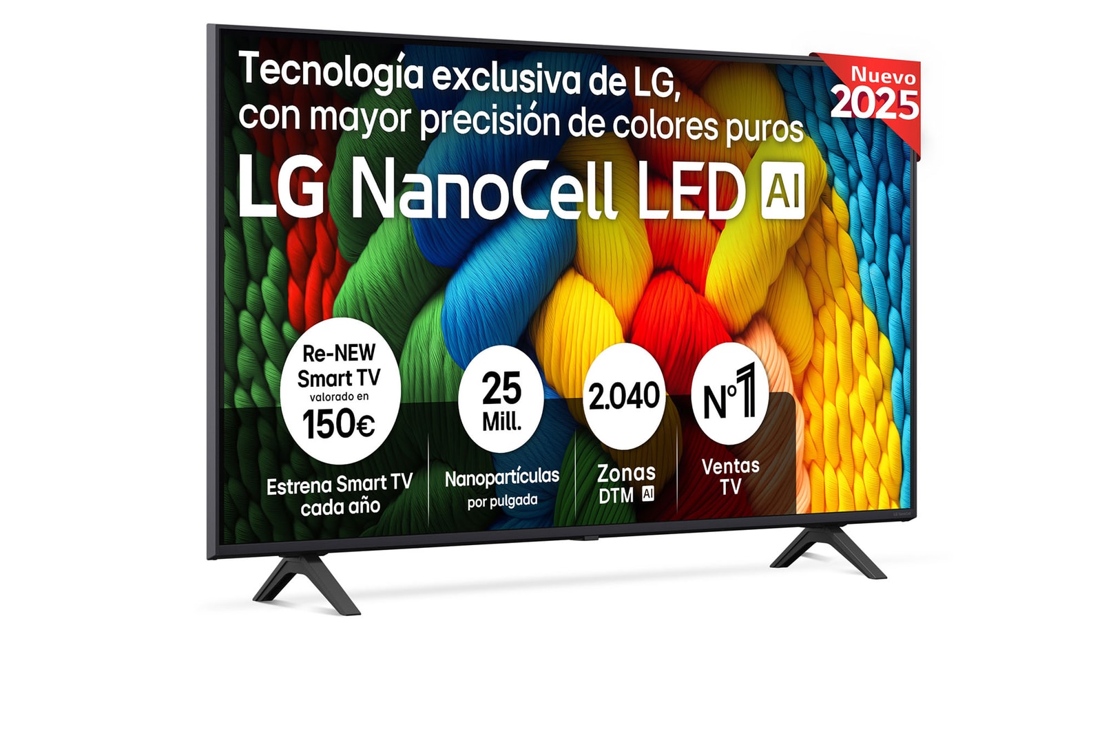 Front view of NanoCell TV, LG NanoCell Al Logo on the top corner. LG NanoCell TV depicts colorful paintike textures coming together.