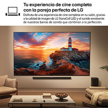 Wide view of a stylish and colorful living room. LG OLED evo AI C5E 4K Smart TV is mounted on the wall with an LG Soundbar underneath it. The TV's design blends well with the space. On the TV screen is a colorful artwork. 
