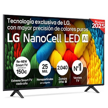 Front view of NanoCell TV, LG NanoCell Al Logo on the top corner. LG NanoCell TV depicts colorful paintike textures coming together.